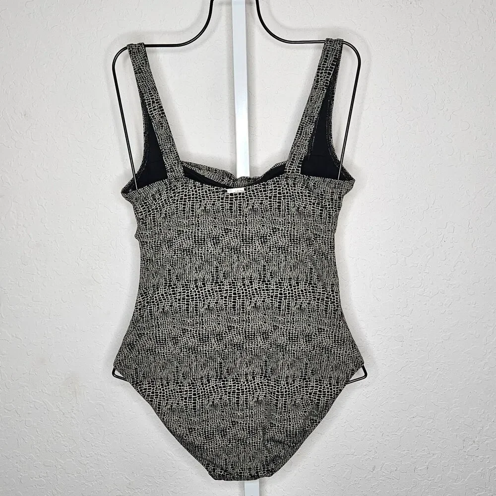 Calvin‎ Klein Black Beige Crocodile Print Ruched One Piece Swimsuit Size 10